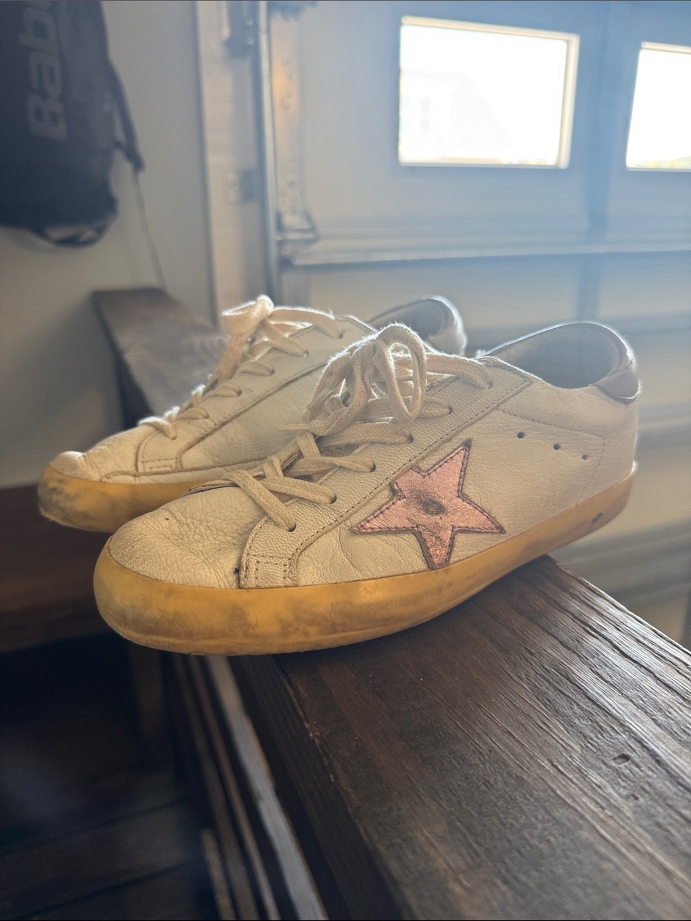 Golden Goose Off-White Leather Sneakers with Pink Star